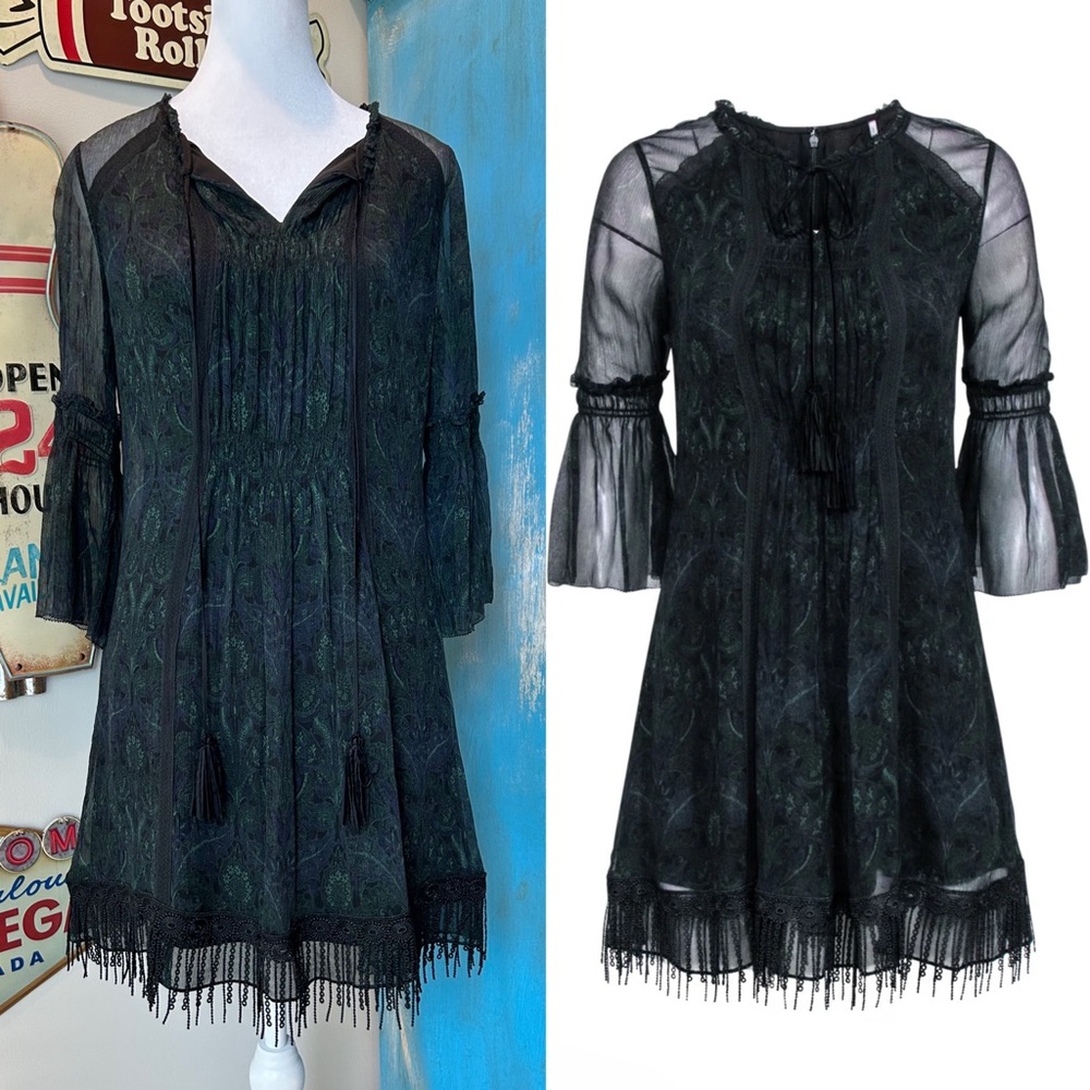 Elie Tahari Black and Green Silk Bell Sleeve Dress - Picture 4 of 13